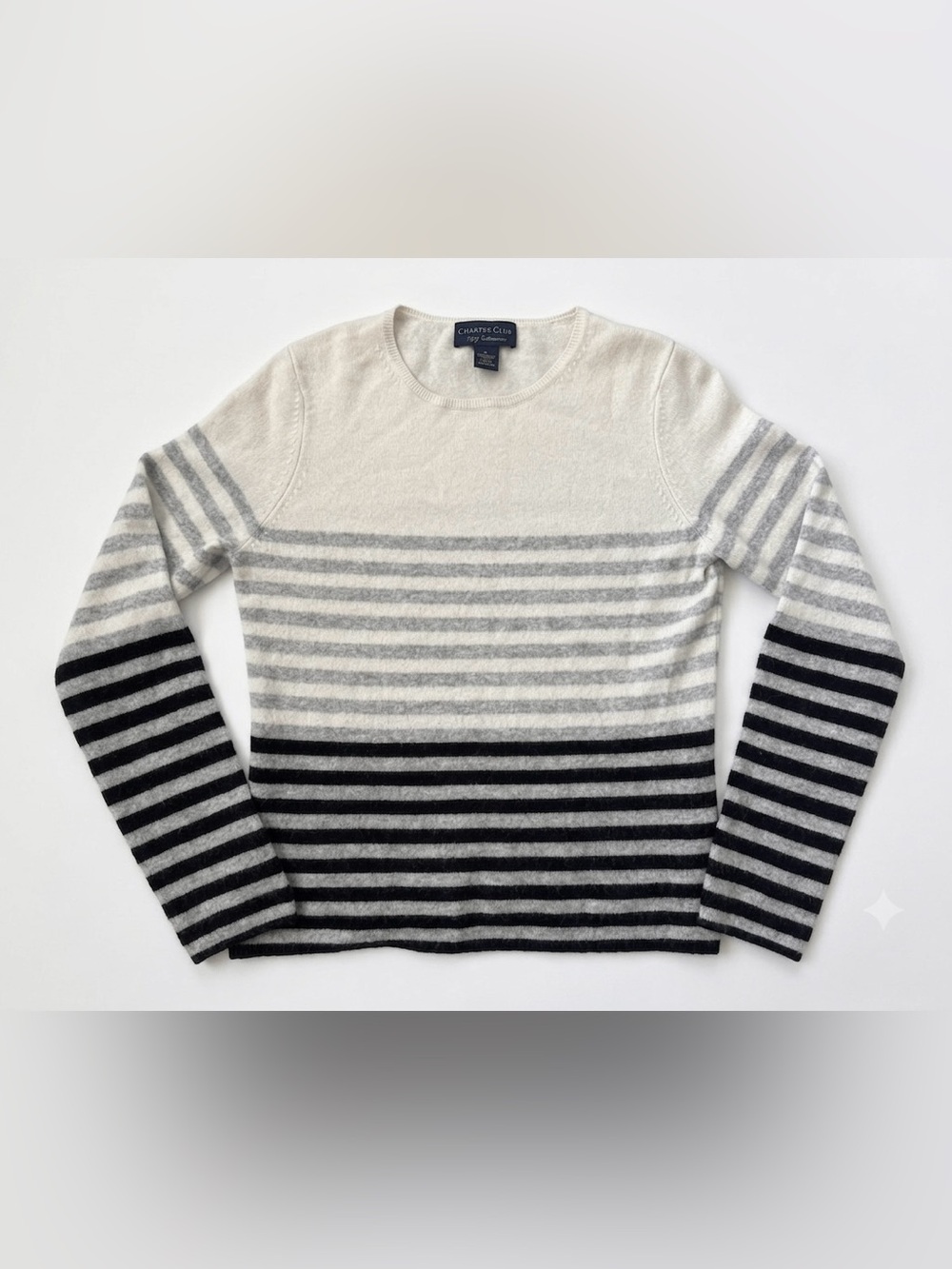 Charter Club 100% Cashmere Striped Sweater Cream Gray Black Size Small